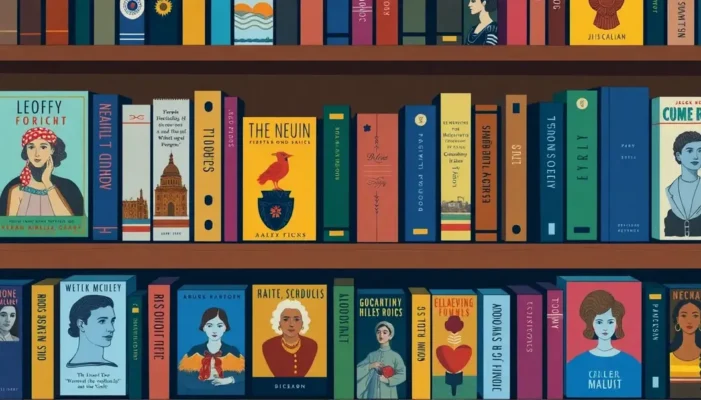 An illustrated bookshelf with various biographies of historical figures and icons.