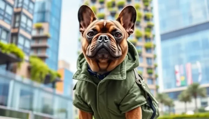 French bulldog wearing an eco-friendly jacket with a city and green background.