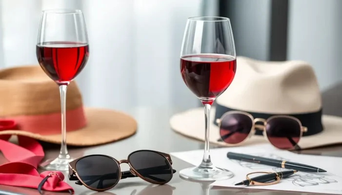 A wine glass on a chic table with fashion accessories, symbolizing the blend of wine and style.