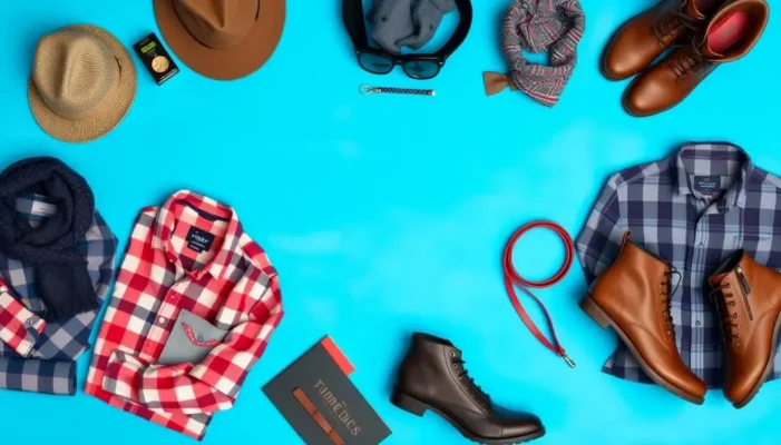Variety of men's fashion items with pet accessories, highlighting seasonal essentials.