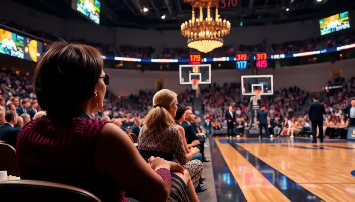 An elegant NBA game scene with luxurious surroundings and stylish attendees.