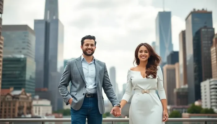 Couple standing together in a city, symbolizing unity and new beginnings in their careers.
