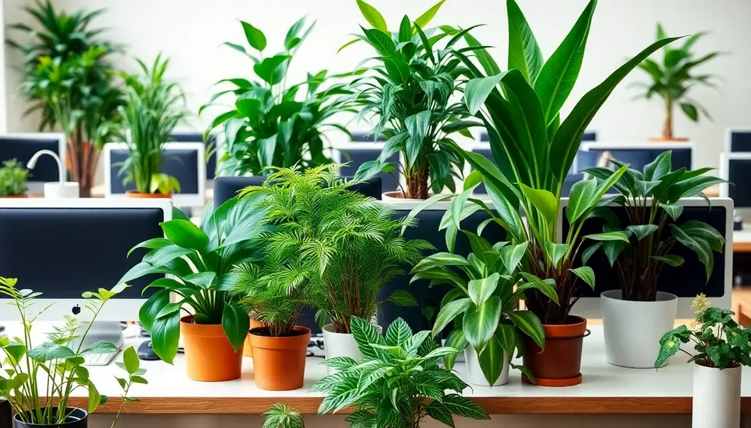 A variety of office plants, each with a personality, brighten the workspace.