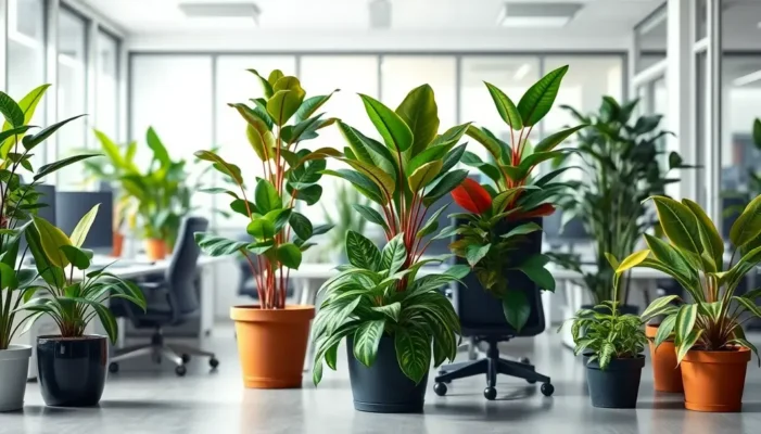 An array of different office plants in a modern office setting.