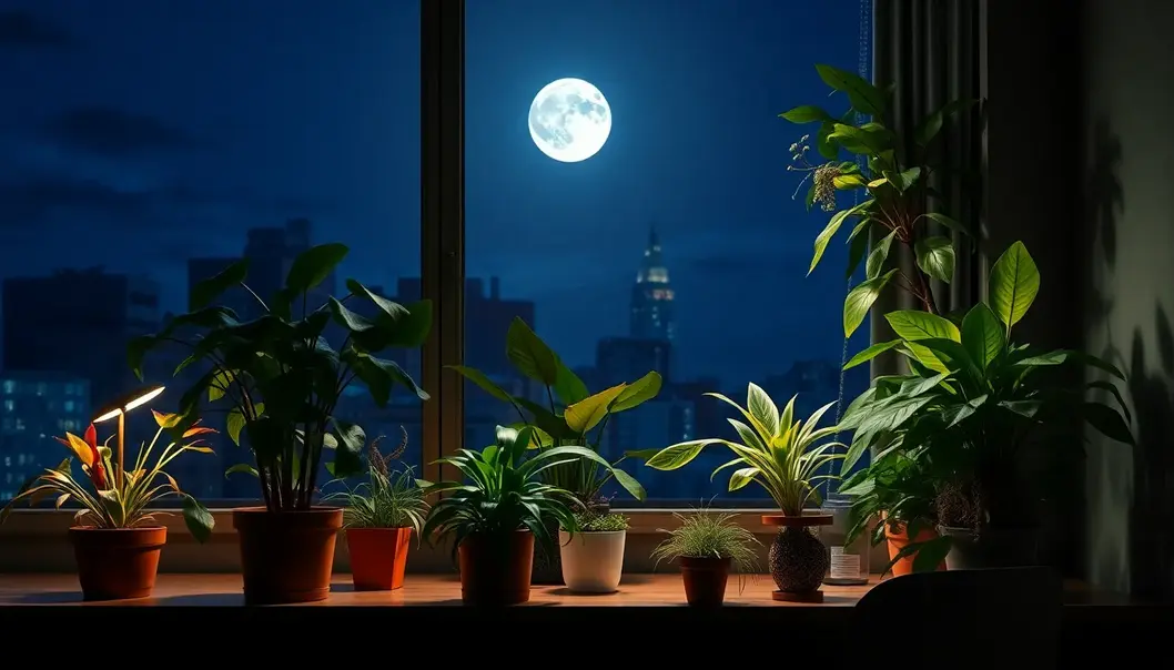 A variety of office plants, each with a personality, brighten the workspace.