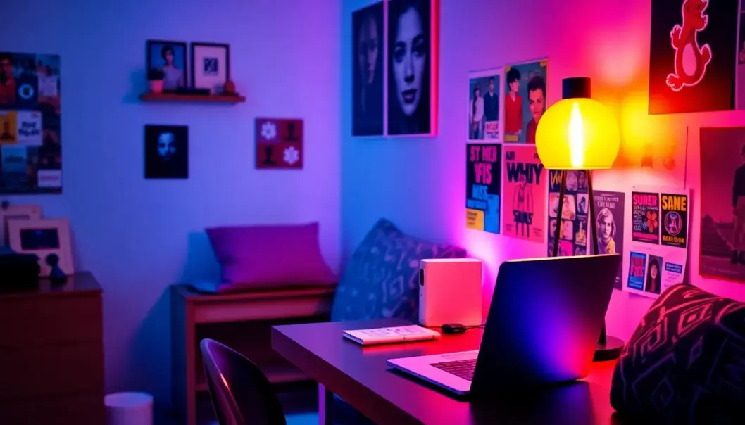 A teenage bedroom perfectly lit with a modern neon lamp.
