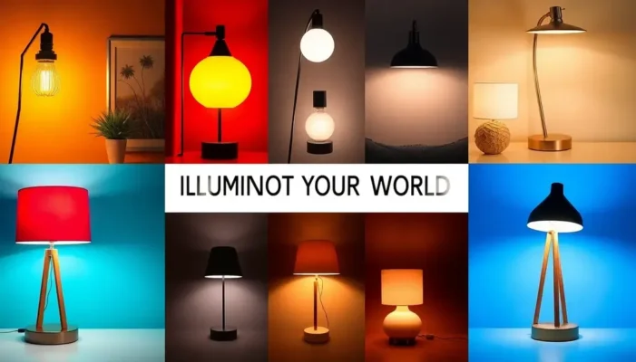A collage of various stylish lamps in different room settings, showcasing vibrant colors and modern designs.